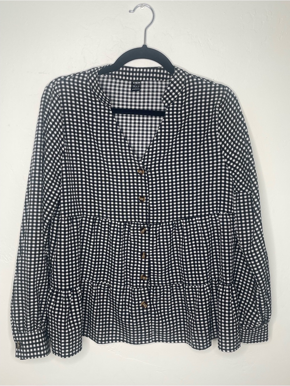 SHEIN Black & White Gingham Button-Front Tiered Blouse